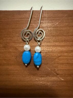 Silver Spiral Earrings with Turquoise Blue Stones and Pearl Beads